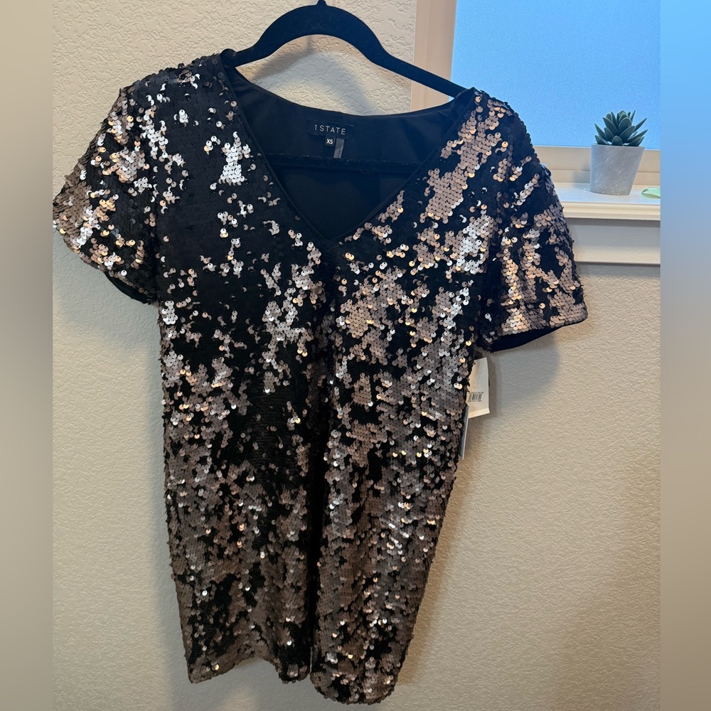 1. State Black and Silver Sequin Short Sleeve Top
